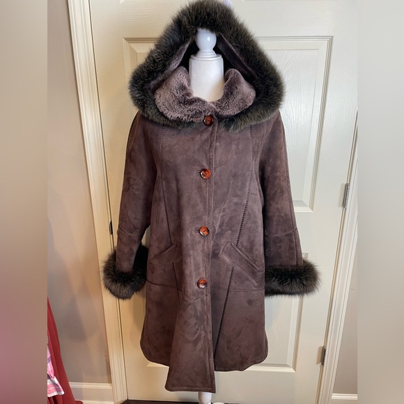 Vintage Brown Suede Shearling and Fur-Trimmed Coat